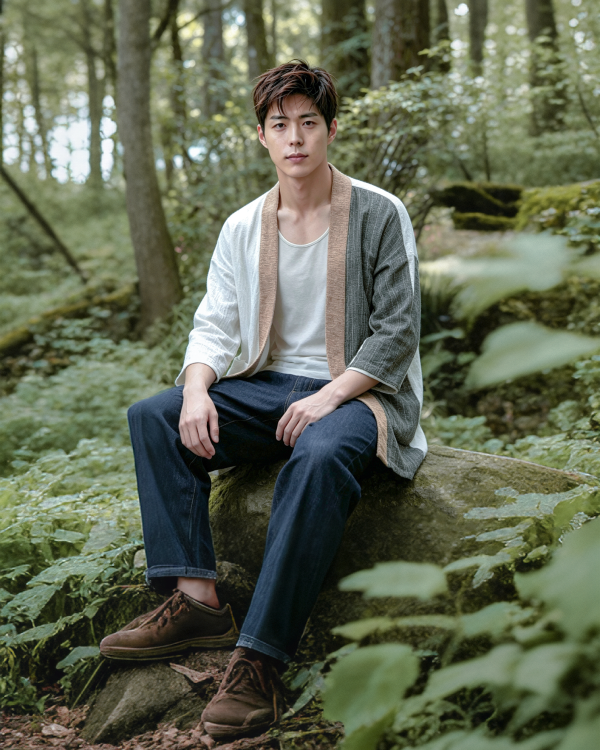 A man sits on a large mossy rock in a dense forest, wearing a hand-cranked, color-blocked woven kimono jacket, at Grandmama Store in Hong Kong