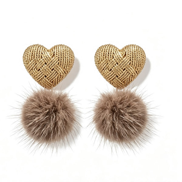 Heart Pompom Dangle Earrings