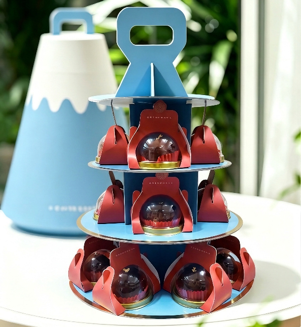 3-tiered display stand featuring Dubai Chocolate truffles at Grandmama Store in Hong Kong.