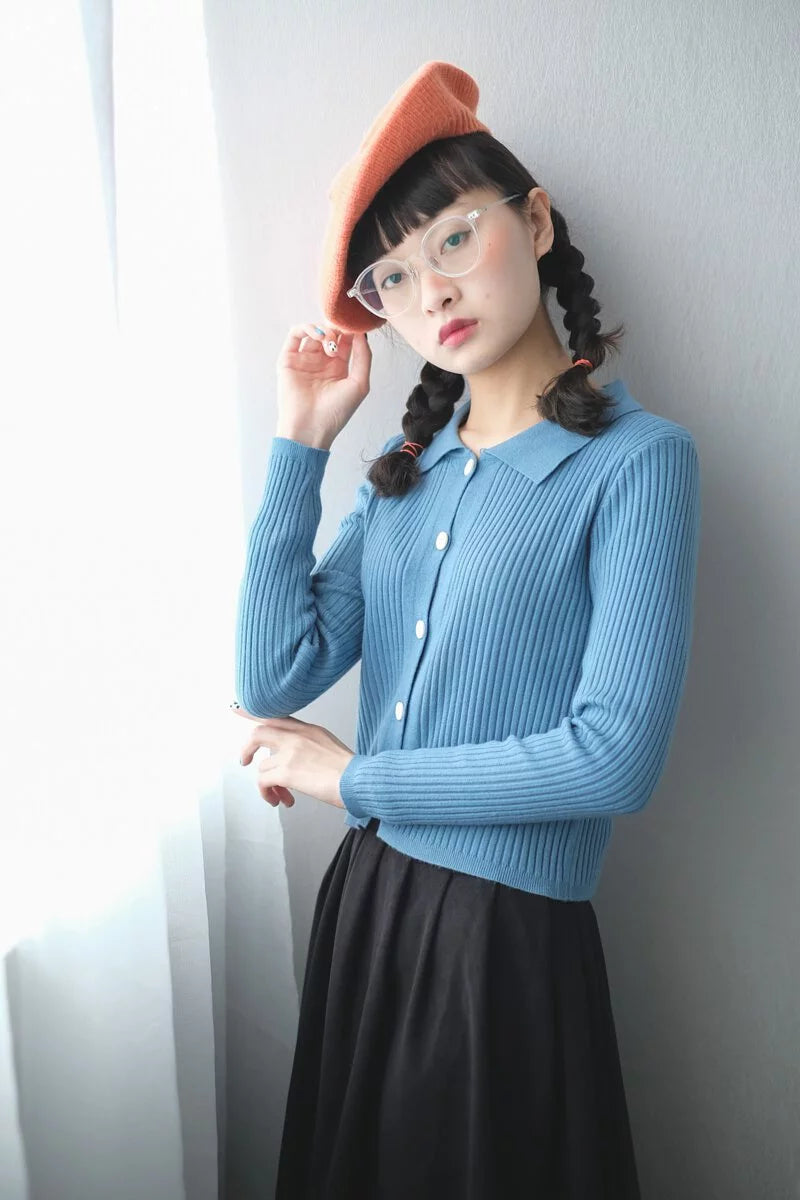 Collared vertical stripe knit top