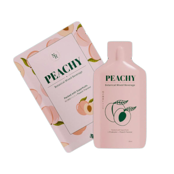 A packet and box of Peachy Peach Probiotic Enzyme botanical beverage at Grandmama Store in Hong Kong