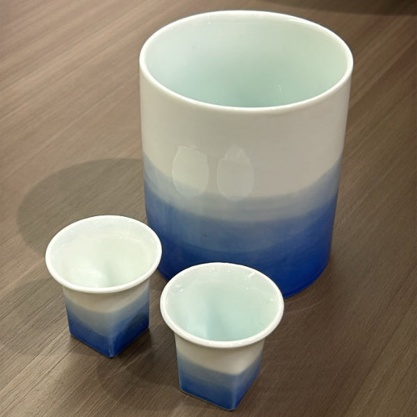Aqua Blue Dyed Porcelain Sake Set with carafe and two cups at Grandmama Store in Hong Kong