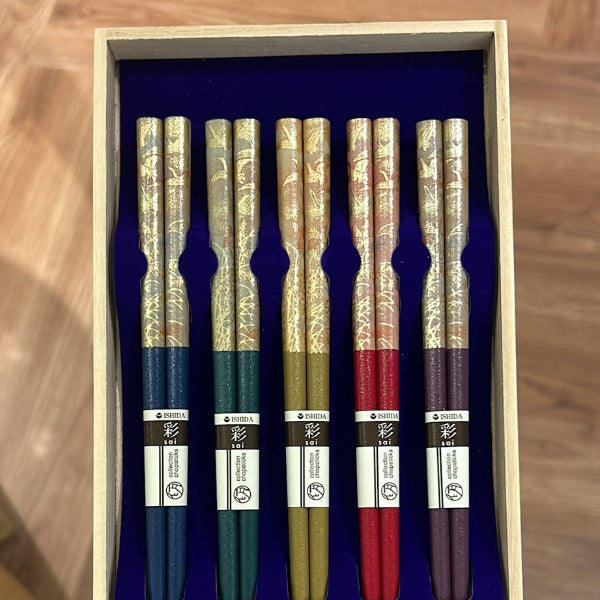 Aya Premium Lacquer Chopsticks five-pair gift set in open wooden box at Grandmama Store in Hong Kong