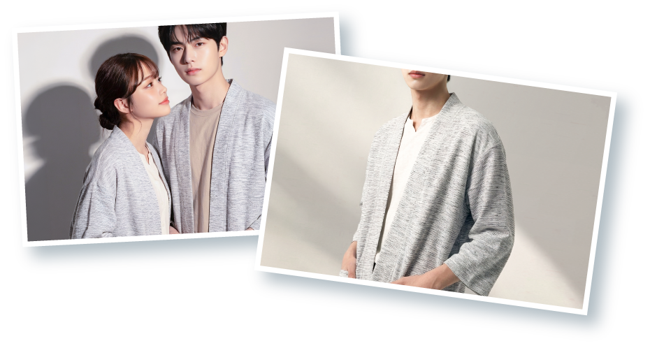 Close-up and couple views of the textured grey marled slub-knit Hand-cranked Kimono cardigan from Grandmama Store, Hong Kong.