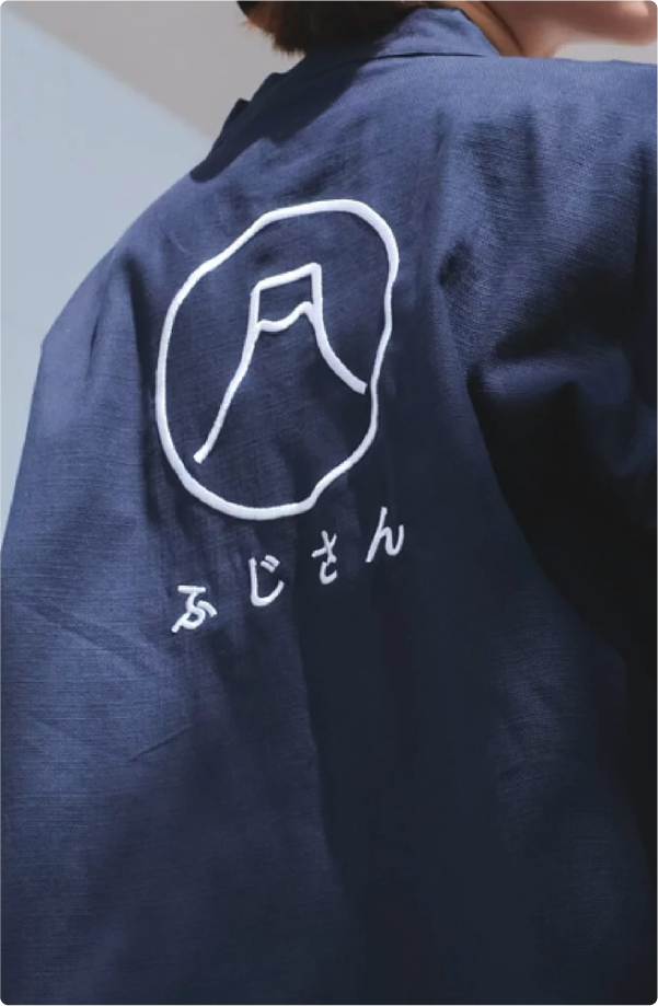 Close-up back embroidery on Navy Blue Kamon Kimono Jacket-Fuji San at Grandmama Store in Hong Kong
