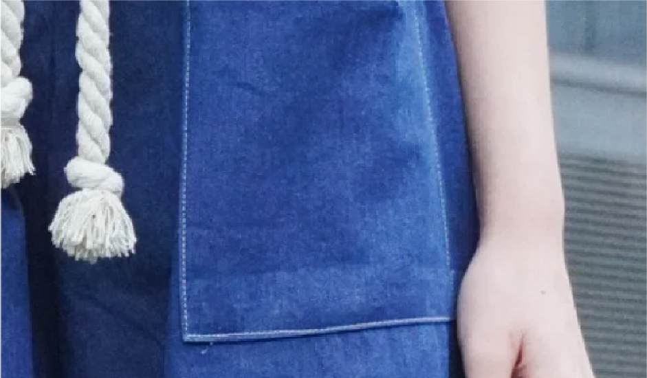 Close-up denim fabric and tassel rope detail on Oxford blue Kamon Japanese Waist Rope Pants-Mt.Fuji at Grandmama Store in Hong Kong