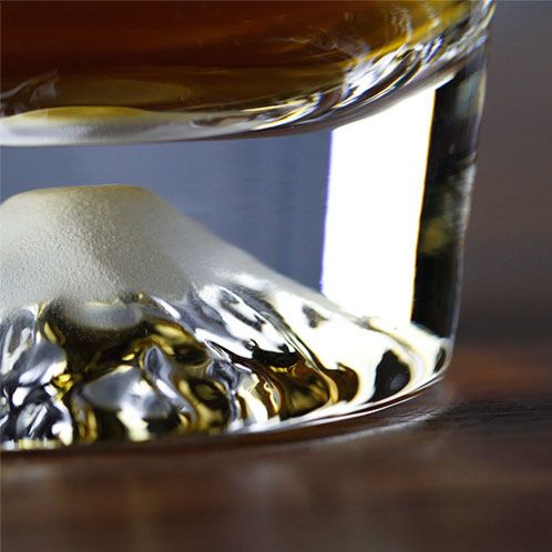 Close-up of 3D Mount Fuji base in Edo Glass Sakura Whisky Glass with liquid at Grandmama Store in Hong Kong