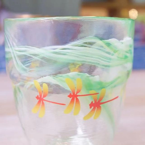 Close-up of dragonfly details on Tsukiyono Shōchū Glass (Aosen) at Grandmama Store in Hong Kong