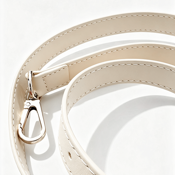 Cream leather shoulder strap hardware detail on Mt. Fuji Goen Bag at Grandmama Store in Hong Kong