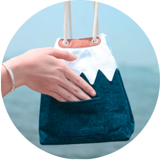 Front pocket feature on dark navy Mt. Fuji Sake Bag at Grandmama Store in Hong Kong