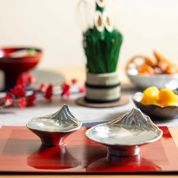 Fuji Mountain Artisan Tin Sake Cups on a lacquer tray at Grandmama Store in Hong Kong