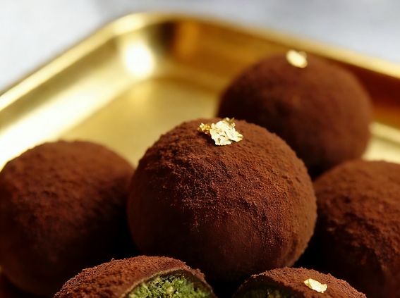 Gold leaf chocolate truffles on a brass tray at Grandmama Store in Hong Kong.