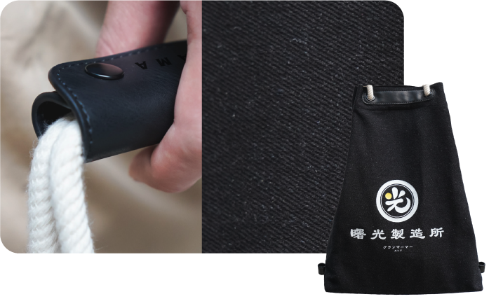 Light of Dawn Sake Bag Black Denim fabric and handle detail graphic at Grandmama Store in Hong Kong.