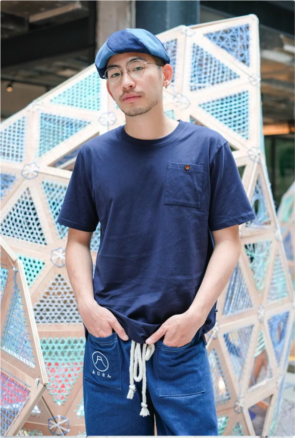 Male model wearing Oxford blue Kamon Japanese Waist Rope Pants-Mt.Fuji at Grandmama Store in Hong Kong