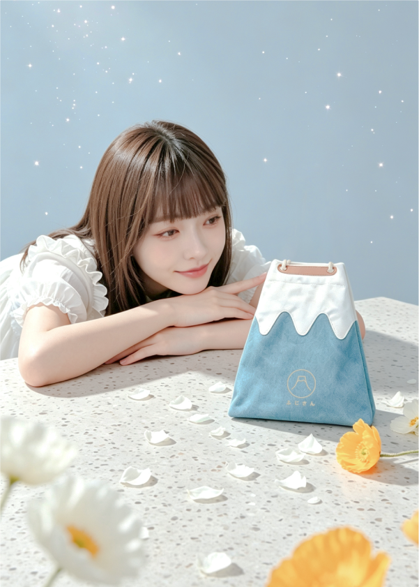 Model looking at the light blue Mt. Fuji Sake Bag on a floral table setting at Grandmama Store in Hong Kong