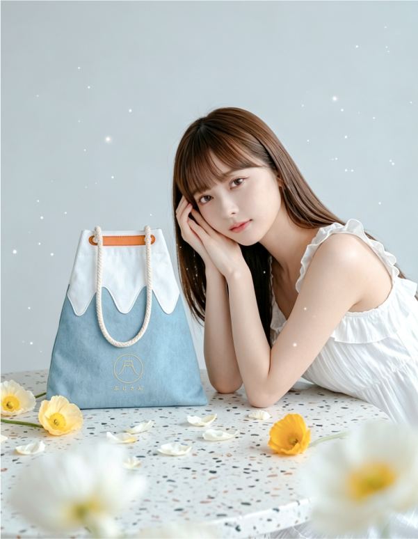 Model next to Mt. Fuji Sake Bag in Light Blue on terrazzo table at Grandmama Store in Hong Kong