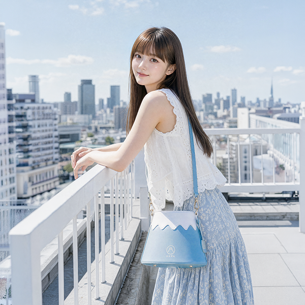 Model on city rooftop with Mt. Fuji Goen Bag in Light Blue at Grandmama Store in Hong Kong