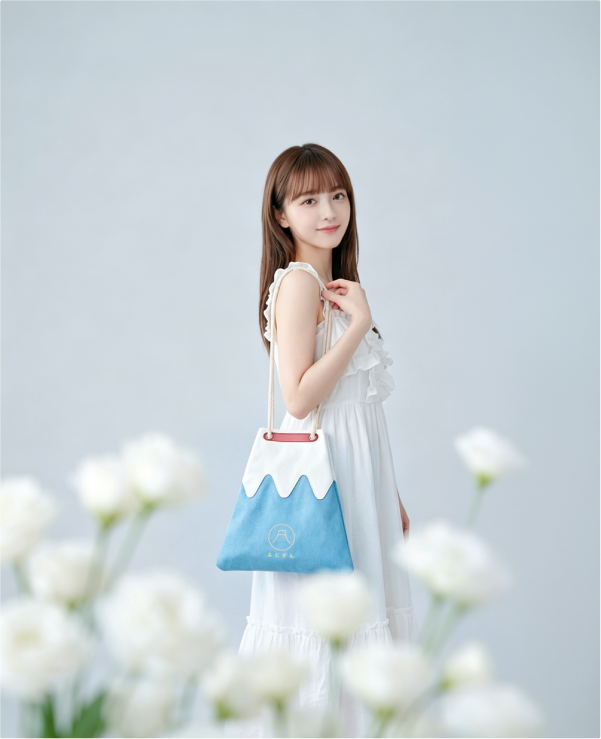 Model posing with Mt. Fuji Sake Bag in Light Blue at Grandmama Store in Hong Kong