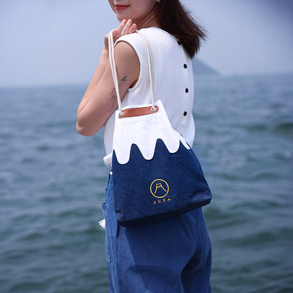 Model wearing Medium Navy Blue Mt. Fuji Sake Bag at Grandmama Store in Hong Kong