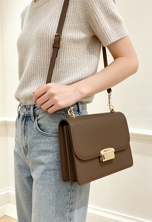 Model wearing dark brown Square Side Bag with Gold Buckle and light denim at Grandmama Store in Hong Kong