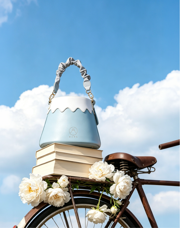Mt. Fuji Goen Bag in Light Blue on a vintage bicycle with books and flowers at Grandmama Store in Hong Kong
