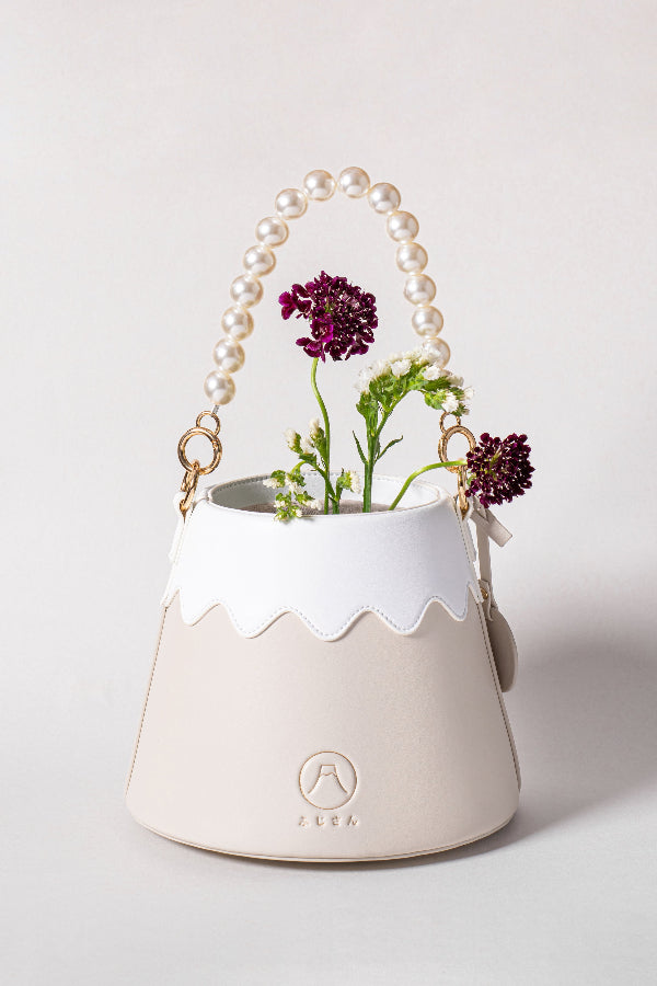 Mt. Fuji Goen Bag in Tea beige with pearl strap at Grandmama Store in Hong Kong