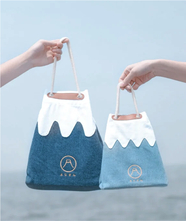 Mt. Fuji Sake Bag size comparison in Medium Navy and Small Light Blue at Grandmama Store in Hong Kong