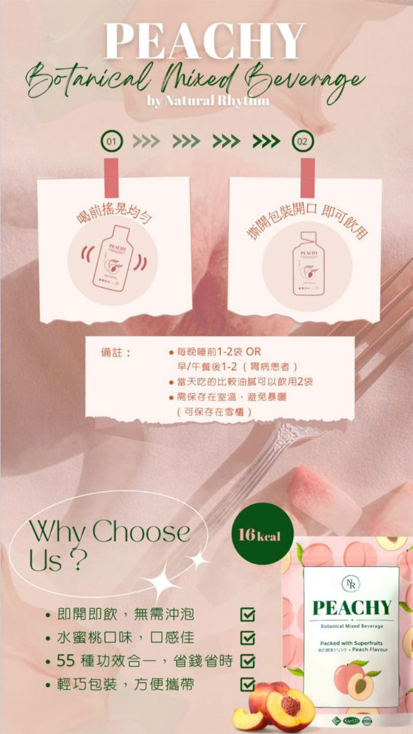 Natural Rhythm Peachy botanical mixed beverage consumption instructions graphic at Grandmama Store in Hong Kong.