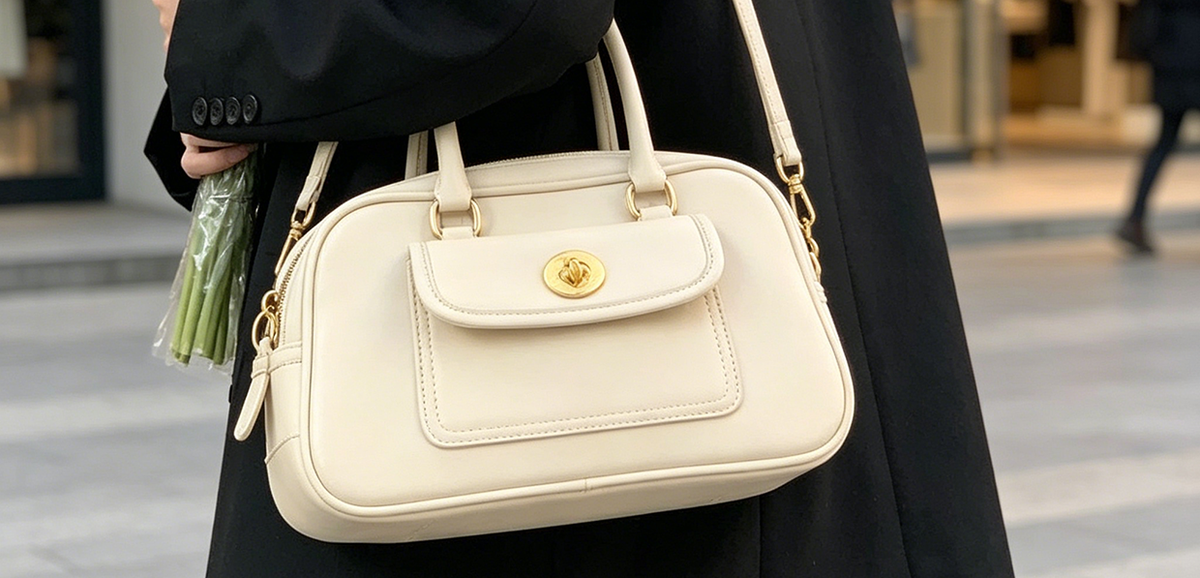 Off-white Minimalist Convertible Bag with gold turn-lock front pocket at Grandmama Store in Hong Kong