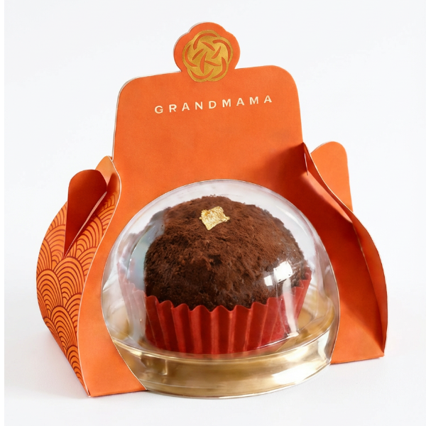Single packaged piece of Dubai Chocolate Mountains with gold leaf detail at Grandmama Store in Hong Kong