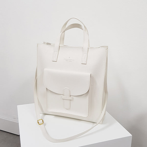 white-leather-tote-bag-on-pedestal-Studio product view of off-white Vintage Soft Leather Convertible Bag at Grandmama Store in Hong Kong