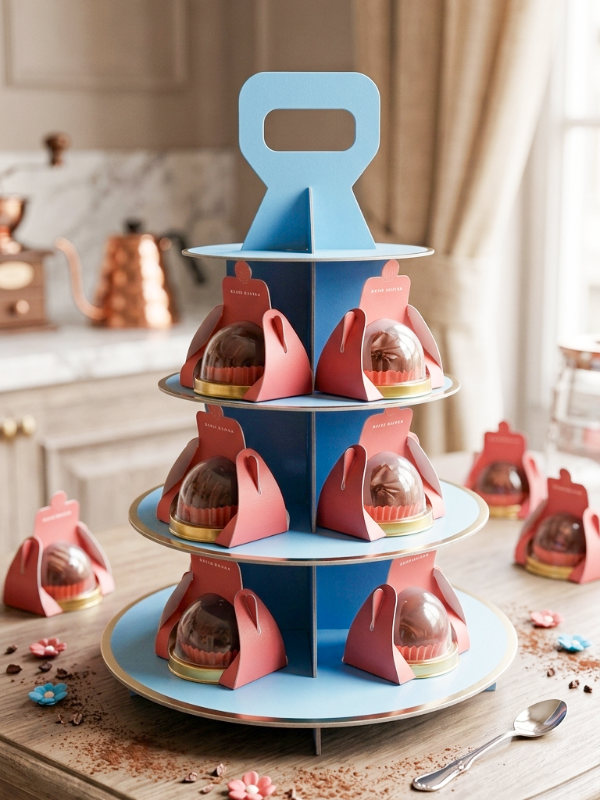 Tiered display stand showcasing Dubai Chocolate truffles at Grandmama Store in Hong Kong.