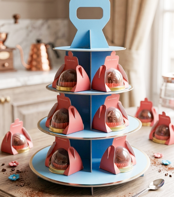 Tiered display stand showcasing Dubai Chocolate truffles at Grandmama Store in Hong Kong.
