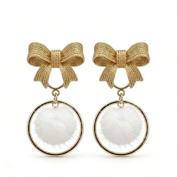 Bow Pompom Dangle Earrings