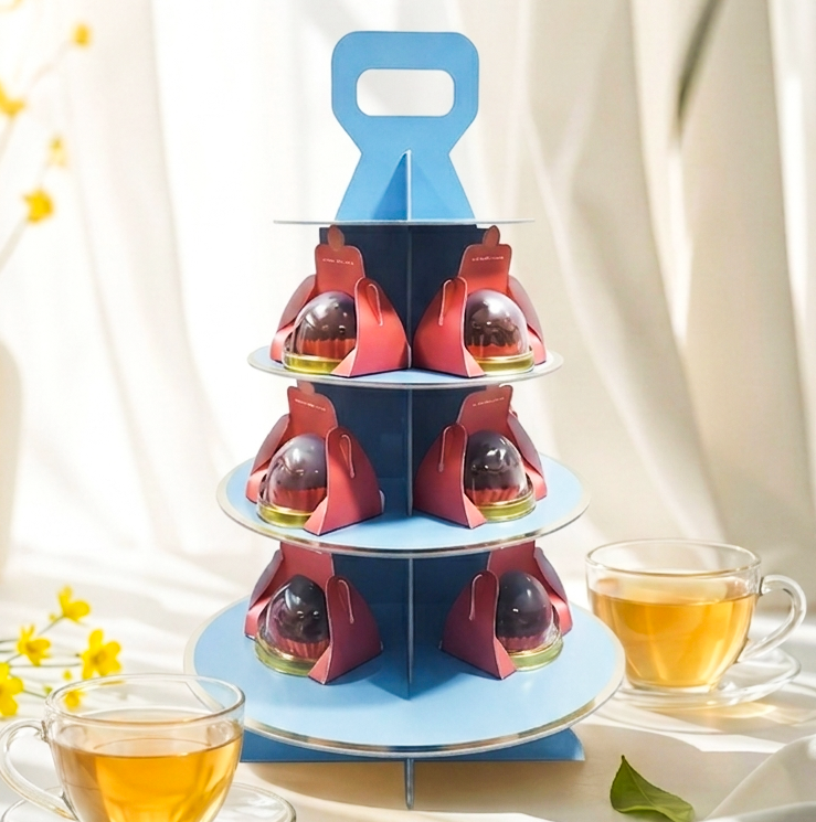 Dubai Chocolate truffles on a 3-tiered display stand with tea at Grandmama Store in Hong Kong.