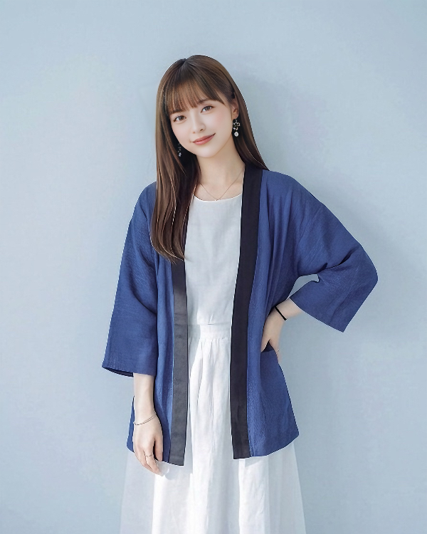 A woman poses for a street style photo, wearing a blue hand-cranked woven kimono jacket in the 'Moonlight' color, with black trim on the collar and a visible collar label, paired with a white dress, a necklace, and earrings at Grandmama Store in Hong Kong