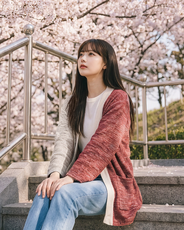 A young woman sits on stone steps, looking thoughtfully up, wearing a hand-cranked woven kimono jacket in 'Tokyo Tower' red and grey at Grandmama Store in Hong Kong.