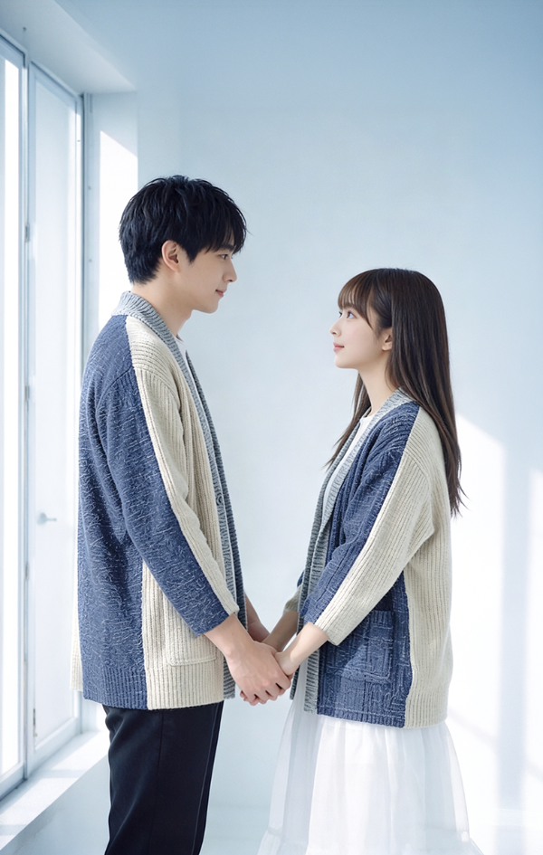 A young man and woman stand facing each other, holding hands by a window, both wearing matching color-block knit cardigans featuring a mix of textures in 'Mt. Fuji' grey-blue and off-white at Grandmama Store in Hong Kong.