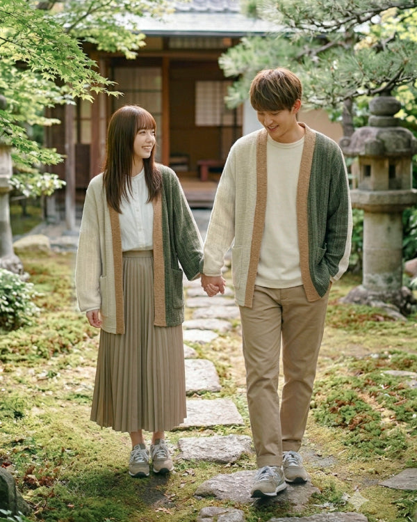 A man and woman wearing matching unisex Hand-cranked Kimono cardigans in the color Yakushima—a design featuring distinct vertical panels of handwoven dark forest green and a warm natural beige with textured light brown trim—are holding hands and smiling while walking on a stone path through a traditional Japanese garden, featuring moss, a stone lantern, and a teahouse, at Grandmama Store in Hong Kong.